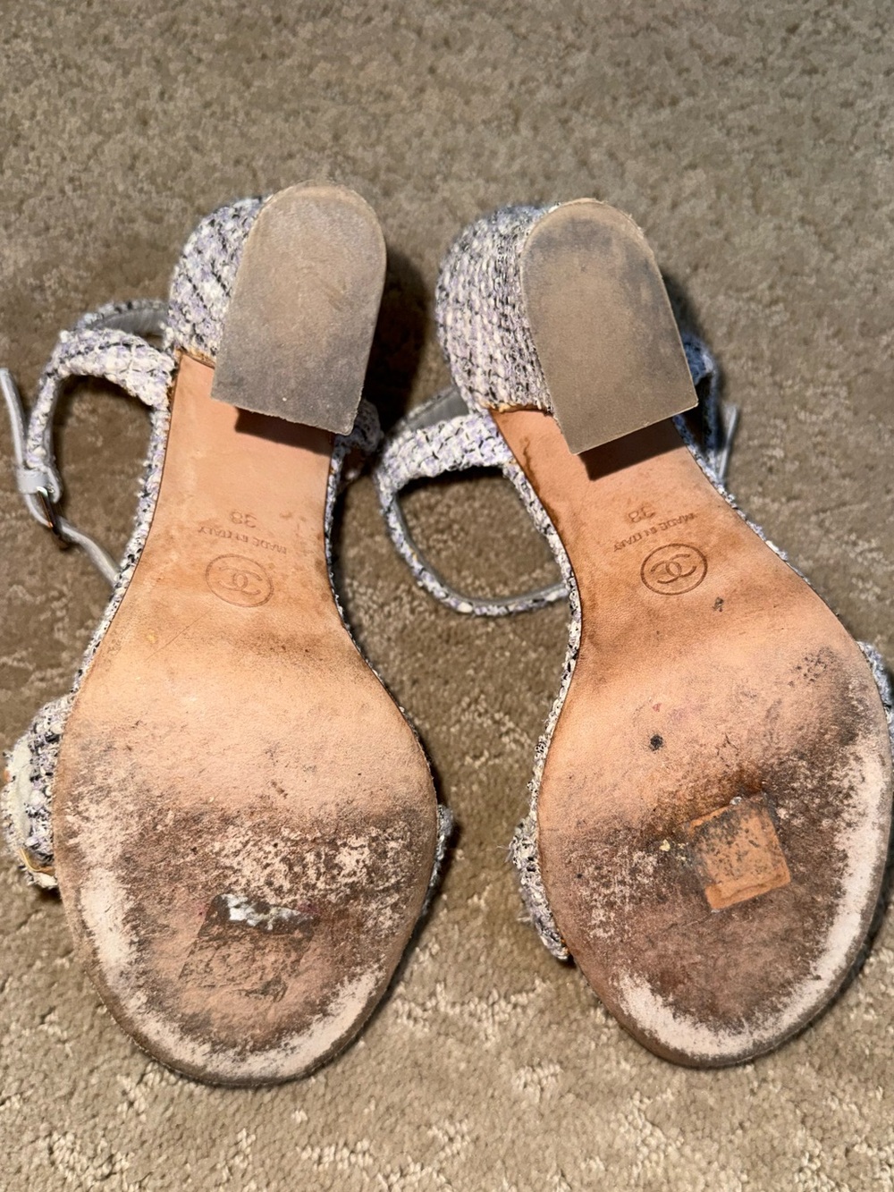 Chanel Purple/White Tweed Camellia Flower Sandals Size 8/38 - Picture 9 of 10